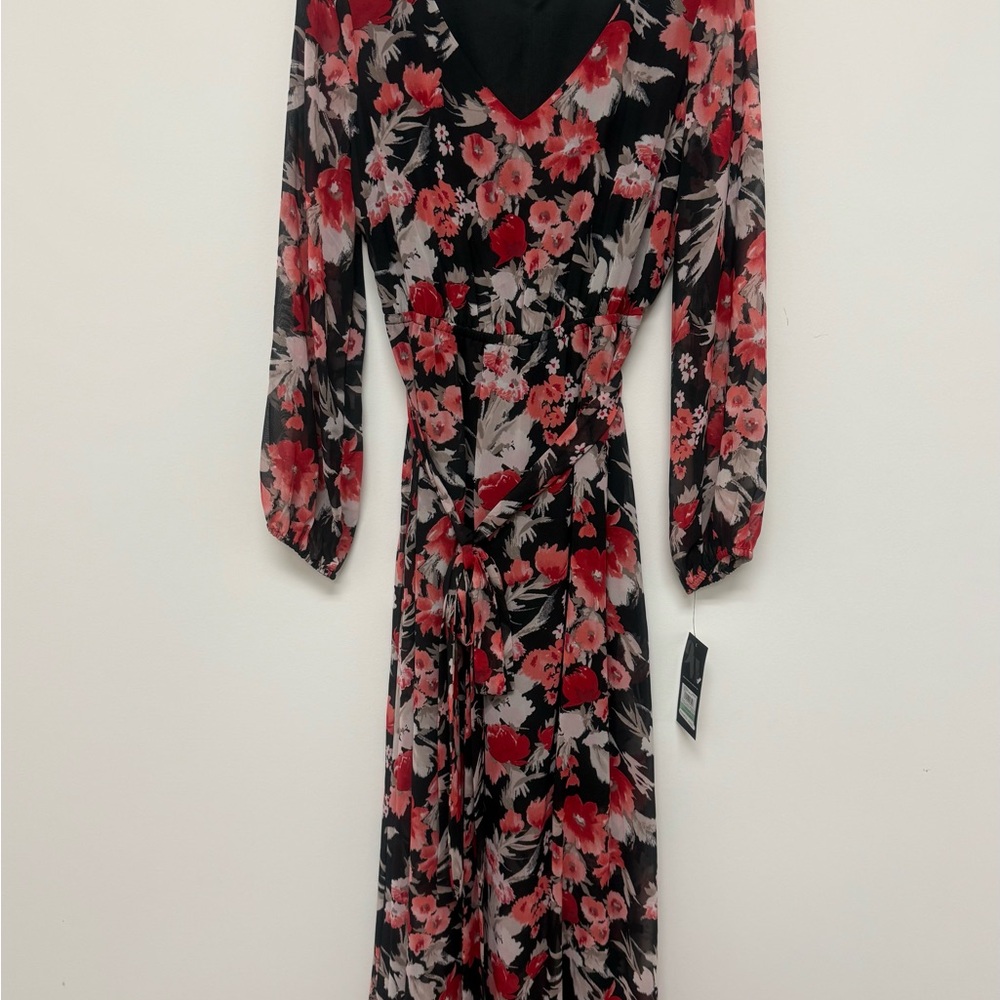 Nine West Black and Red Floral Long Sleeve Dress
